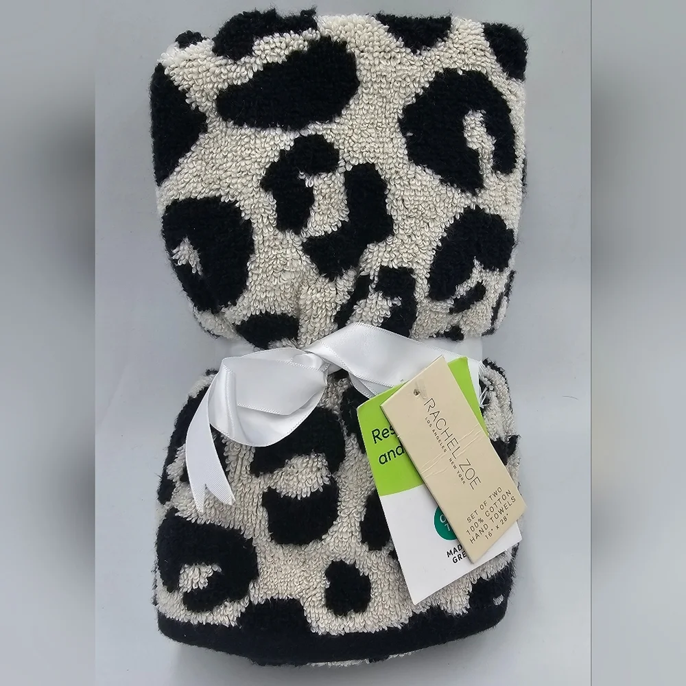 Rachel Zoe 2 Piece Leopard Print 100% Cotton Hand Towel Set Black White OEKO TEX